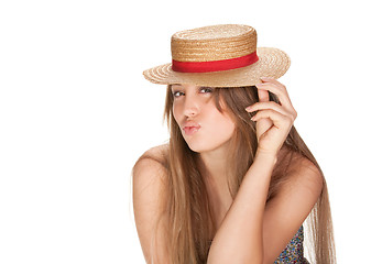 Image showing blond woman and straw bonnet