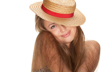 Image showing blond woman and straw bonnet