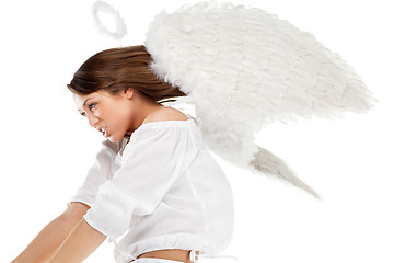 Image showing beautiful blonde angel against white background