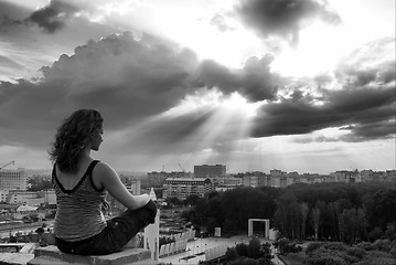 Image showing Girl meditating at sunbeam