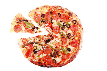 Image showing Top view of a sliced pizza