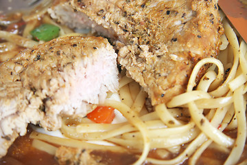 Image showing Meat on pasta