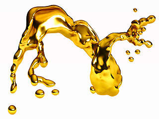 Image showing Splash of golden fluid with droplets over white
