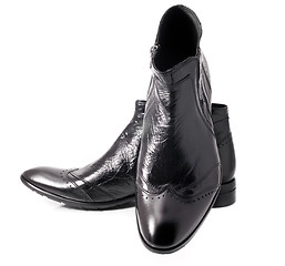 Image showing Pair of Black leather mens boots on white