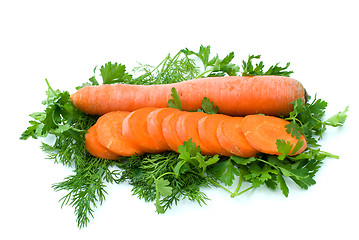 Image showing Whole carrot and few slices over some dill and parsley