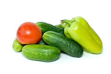 Image showing Pile of cucumbers, sweet pepper and tomato