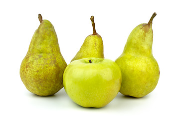 Image showing Green apple and three green pears