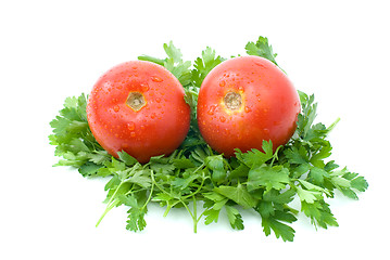 Image showing Two ripe fresh tomatoes over some parsley