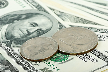 Image showing American dollars: bills and coins close-up