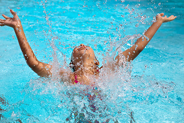 Image showing happy girl have fun in the pool, focus on the water drops