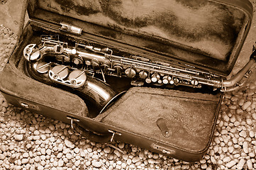 Image showing Saxophone in old leather case – still life
