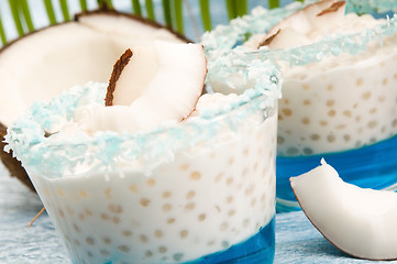 Image showing Coconut pudding with tapioca pearls and litchi jelly