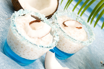 Image showing Coconut pudding with tapioca pearls and litchi jelly