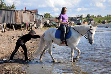 Image showing Female lead a horse to swim