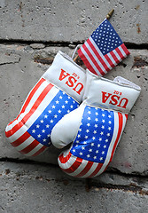 Image showing Used Boxing Gloves and US Flag