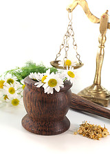 Image showing chamomile flowers with mortar and scales