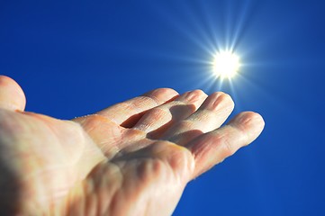 Image showing hand sun and blue sky