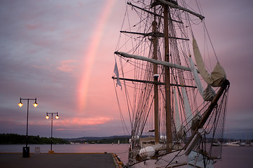 Image showing Sailing ship at sunrise