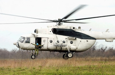 Image showing paratroopers  jump from helicopter