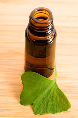 Image showing ginko biloba essential oil with fresh leaves - beauty treatment