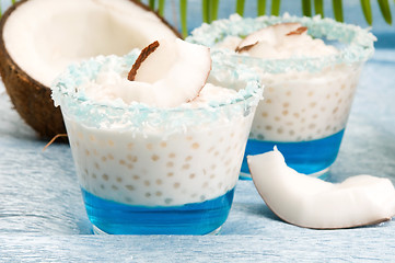 Image showing Coconut pudding with tapioca pearls and litchi jelly