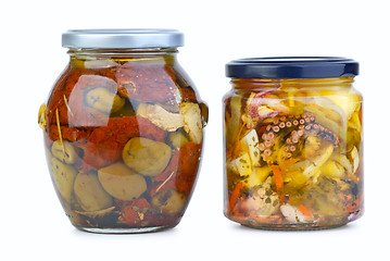 Image showing Glass jars with olives and seafood