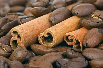 Image showing Close-up shot: cinnamon sticks over the coffee beans