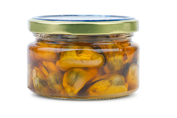 Image showing Glass jar with conserved mussels