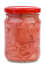 Image showing Sliced ginger root marinated in the glass jar