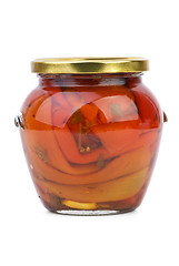 Image showing Glass jar with conserved red bell peppers