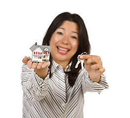 Image showing Attractive Multiethnic Woman Holding Small House and Keys