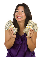 Image showing Excited Multiethnic Woman Holding Hundreds of Dollars