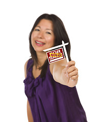 Image showing Multiethnic Woman Holding Small Sold Real Estate Sign