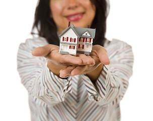 Image showing Attractive Multiethnic Woman Holding Small House