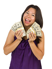 Image showing Excited Multiethnic Woman Holding Hundreds of Dollars