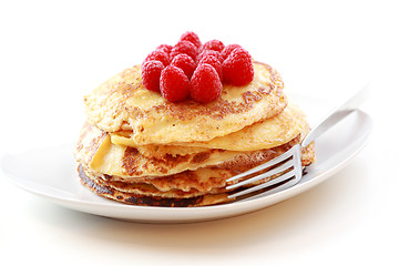 Image showing Pancakes with fresh raspberries