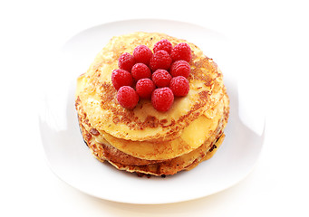 Image showing Pancakes with fresh raspberries