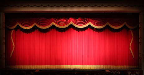 Image showing Bright Stage Theater Drape Background  With Yellow Vintage Trim