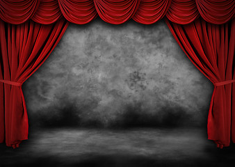 Image showing Painted Grunge Theater Stage With Red Velvet Drapes