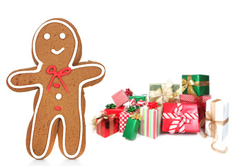 Image showing Gingerbread Man and Presents Against a White Background