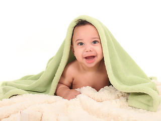 Image showing Smiling Boy With a Blanket on His Head