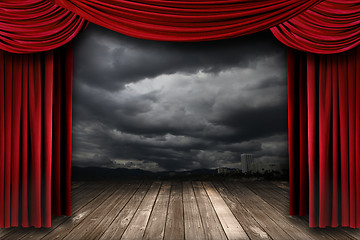 Image showing Bright Stage With Red Velvet Theater Curtains