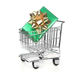 Image showing Shopping Cart With Wrapped Holiday Gift