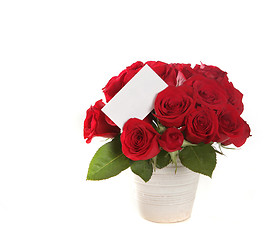 Image showing Beautiful Bouquet of Roses With Blank Message Sign on White
