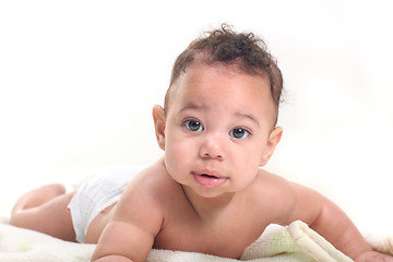 Image showing Little Baby Boy Learnign to Crawl on White