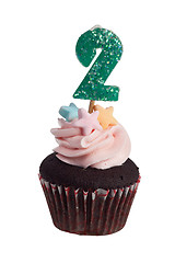 Image showing Mini cupcake with birthday candle for two year old