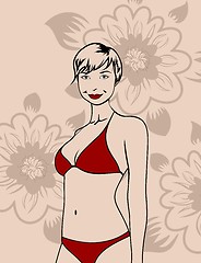 Image showing girl in red bikini on a floral background