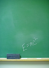 Image showing E=mc2 equation (Albert Einstein) on vertical chalkboard. (14MP camera)