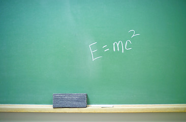 Image showing E=mc2 equation on a horizontal chalkboard. (14MP camera)