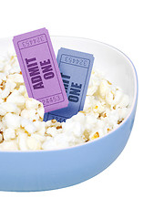 Image showing Popcorn and movie tickets